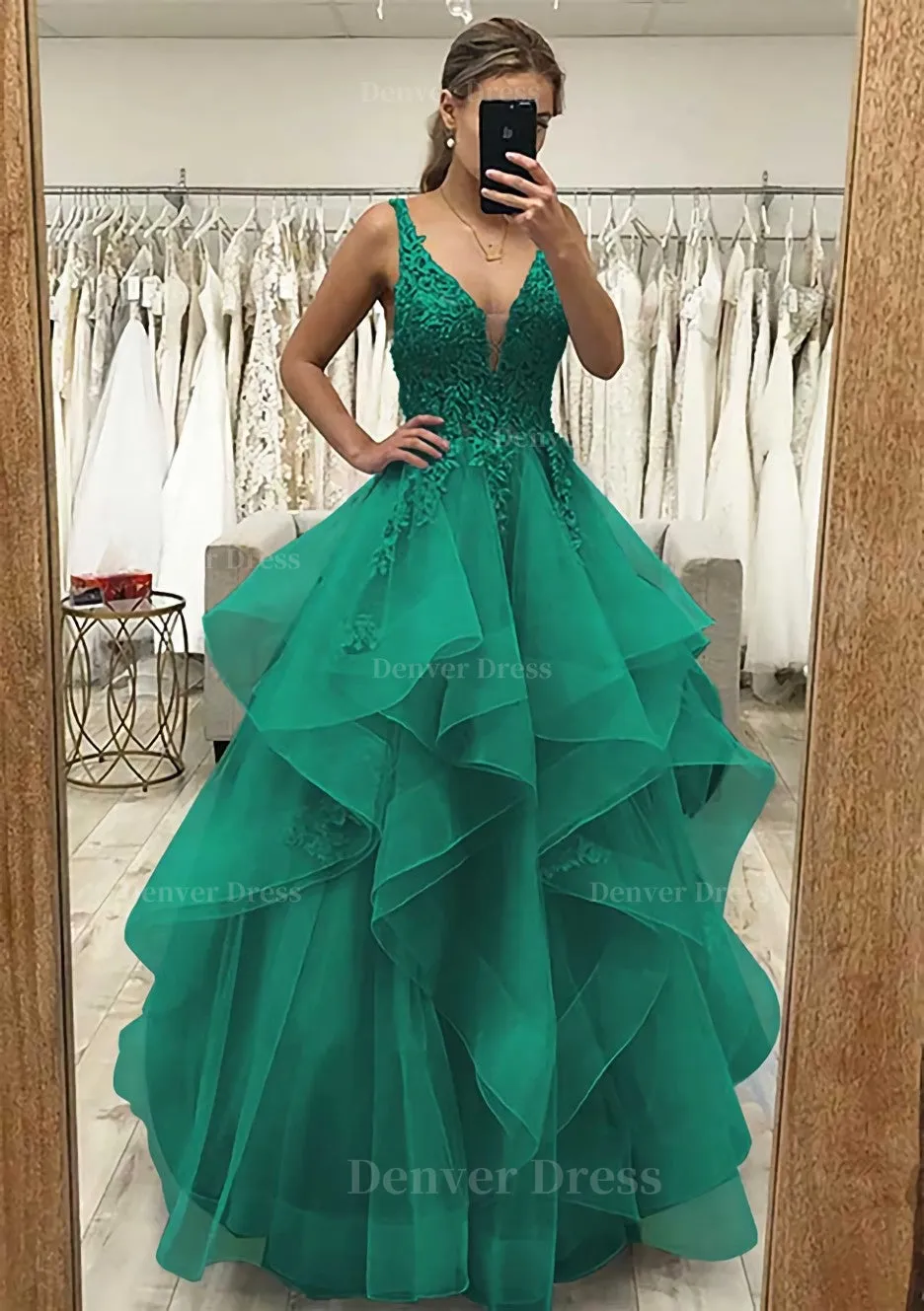 A-line V Neck Sleeveless Long/Floor-Length Tulle Satin Prom Dress With Lace Appliqued