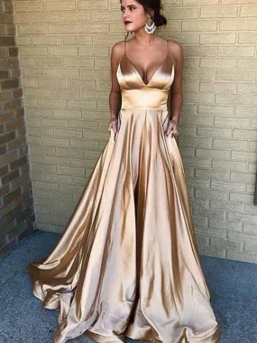 A Line V Neck Spaghetti Straps Champagne Long Prom, Champagne Formal, Evening