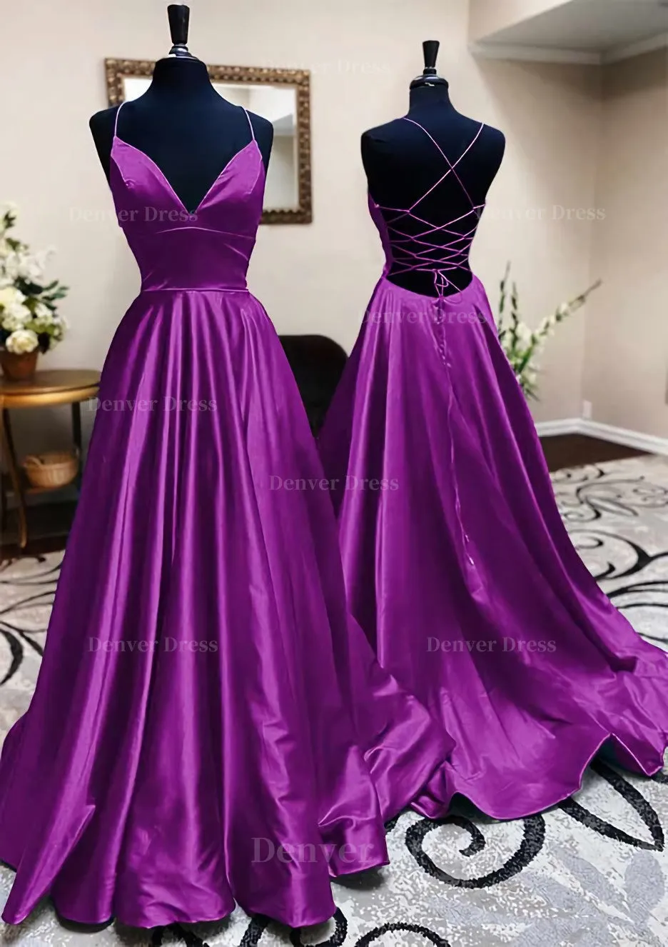 A-line V Neck Spaghetti Straps Long/Floor-Length Charmeuse Prom Dress With Pleated