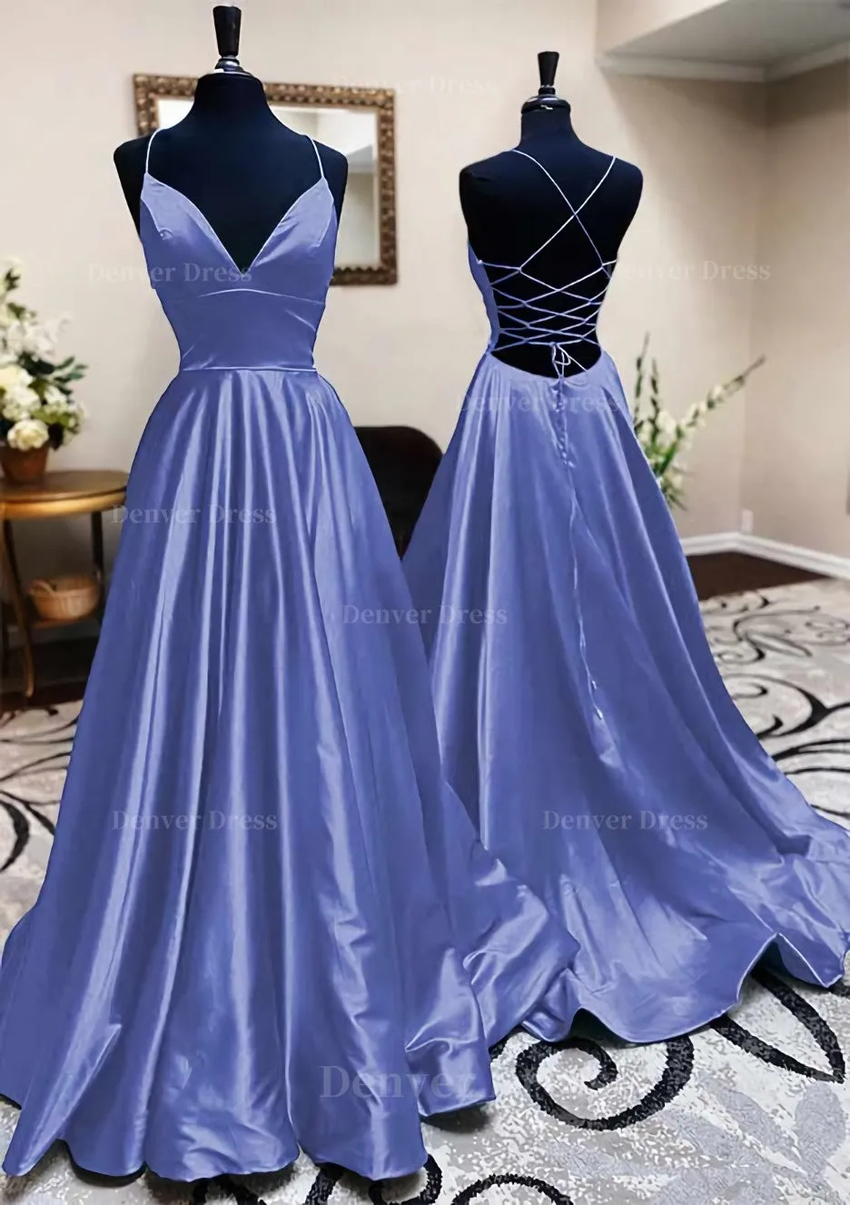 A-line V Neck Spaghetti Straps Long/Floor-Length Charmeuse Prom Dress With Pleated