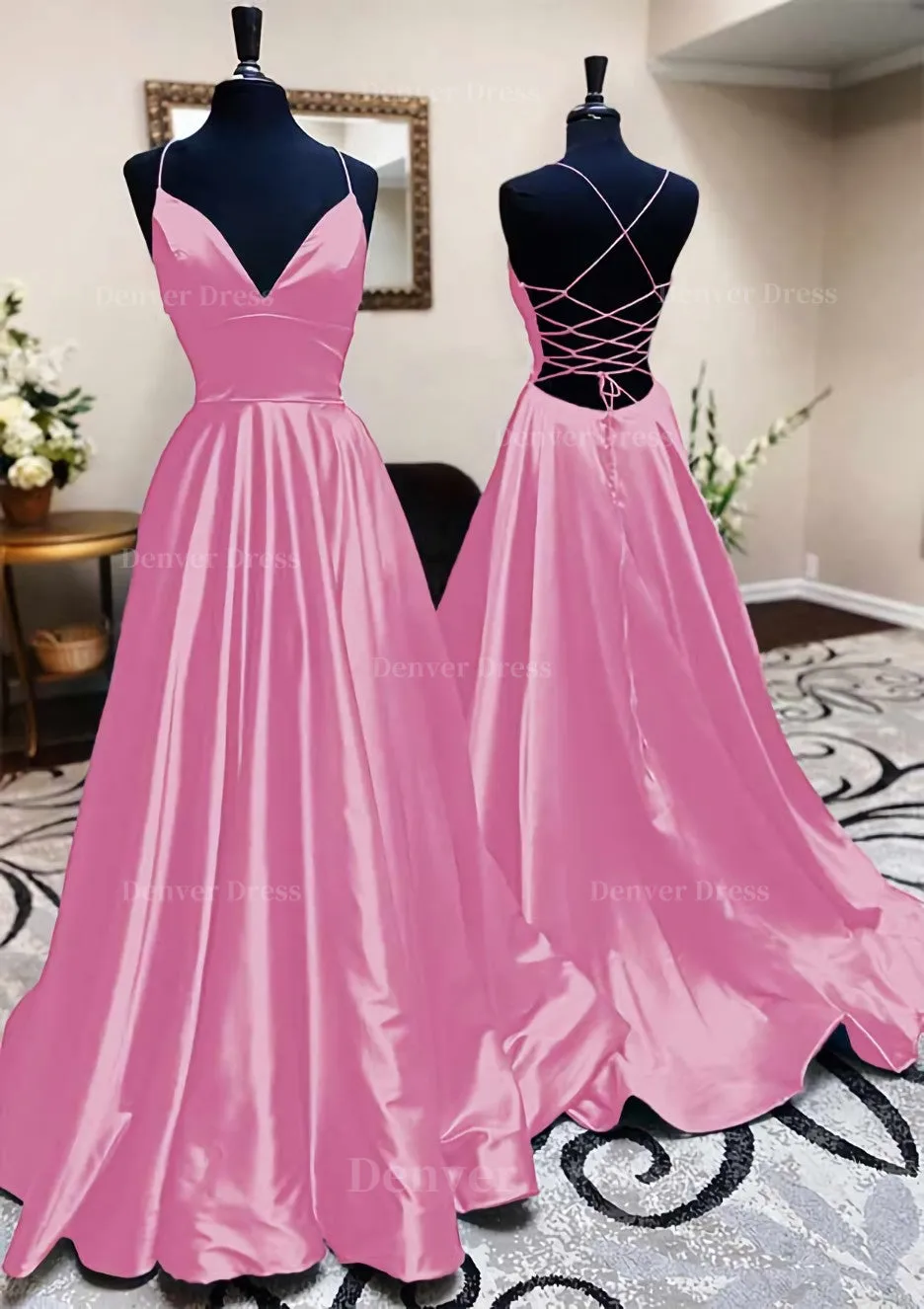 A-line V Neck Spaghetti Straps Long/Floor-Length Charmeuse Prom Dress With Pleated