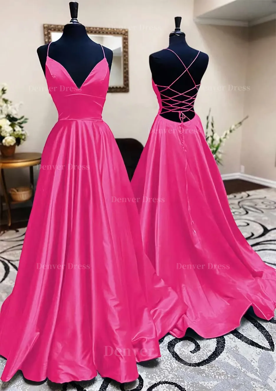 A-line V Neck Spaghetti Straps Long/Floor-Length Charmeuse Prom Dress With Pleated