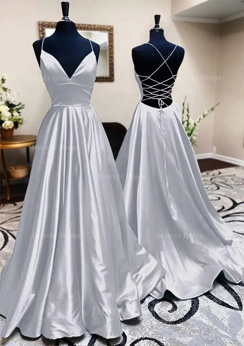 A-line V Neck Spaghetti Straps Long/Floor-Length Charmeuse Prom Dress With Pleated