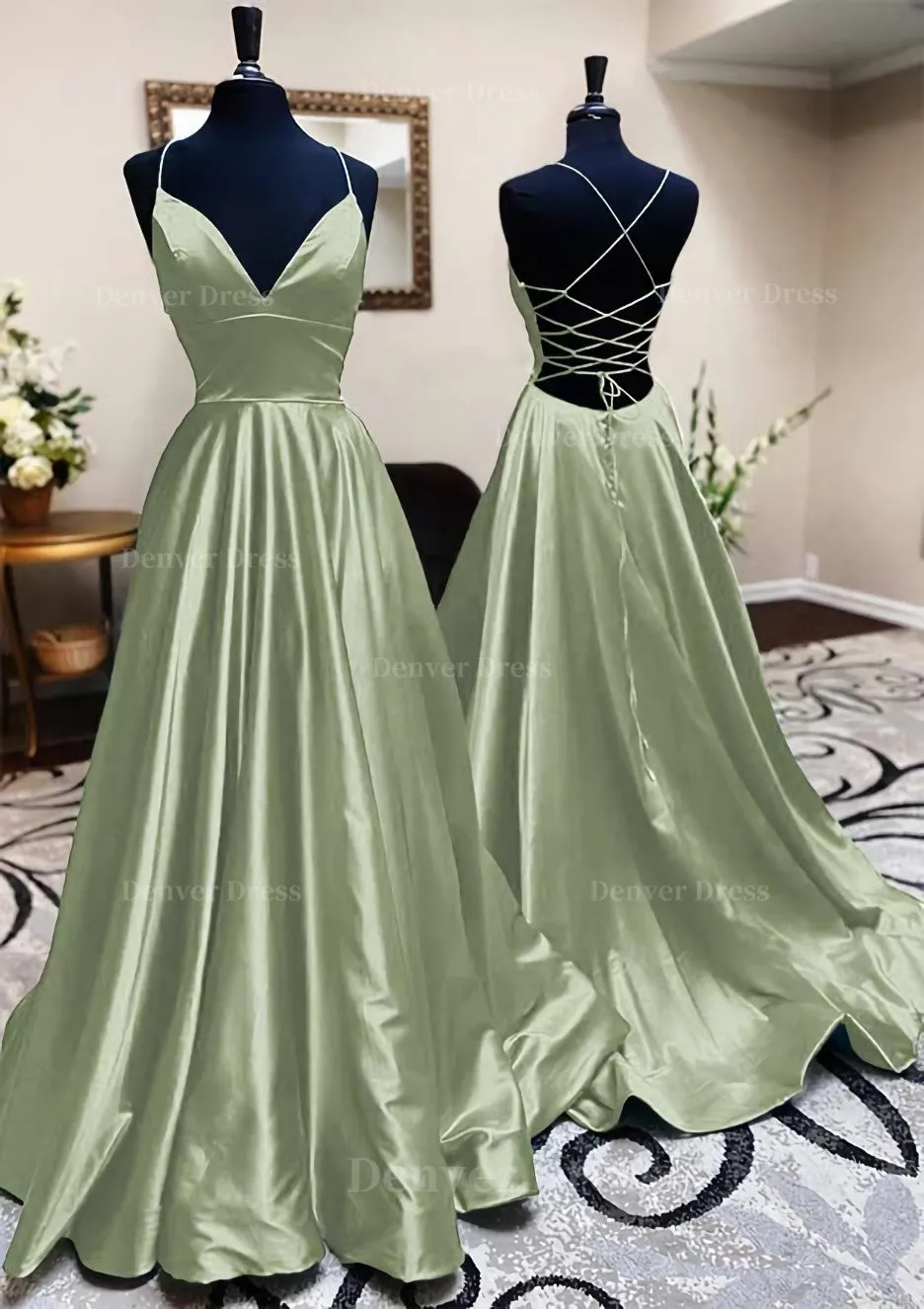 A-line V Neck Spaghetti Straps Long/Floor-Length Charmeuse Prom Dress With Pleated