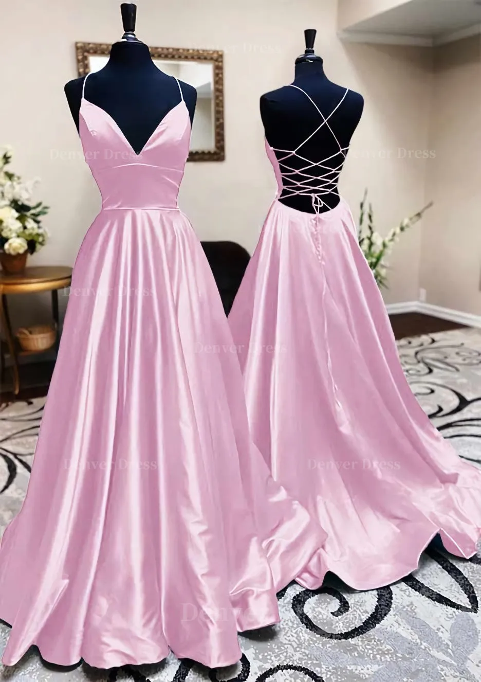 A-line V Neck Spaghetti Straps Long/Floor-Length Charmeuse Prom Dress With Pleated