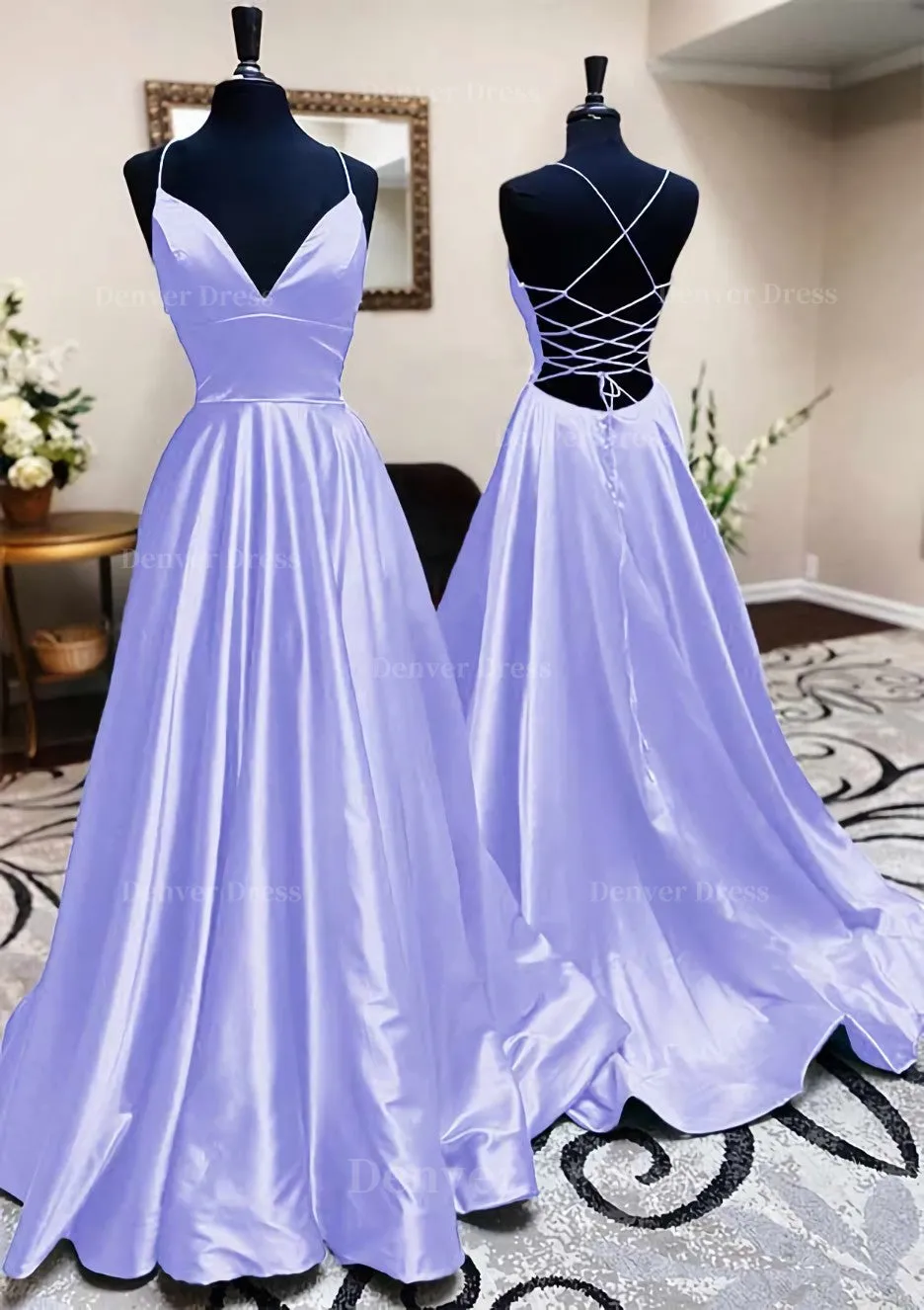 A-line V Neck Spaghetti Straps Long/Floor-Length Charmeuse Prom Dress With Pleated