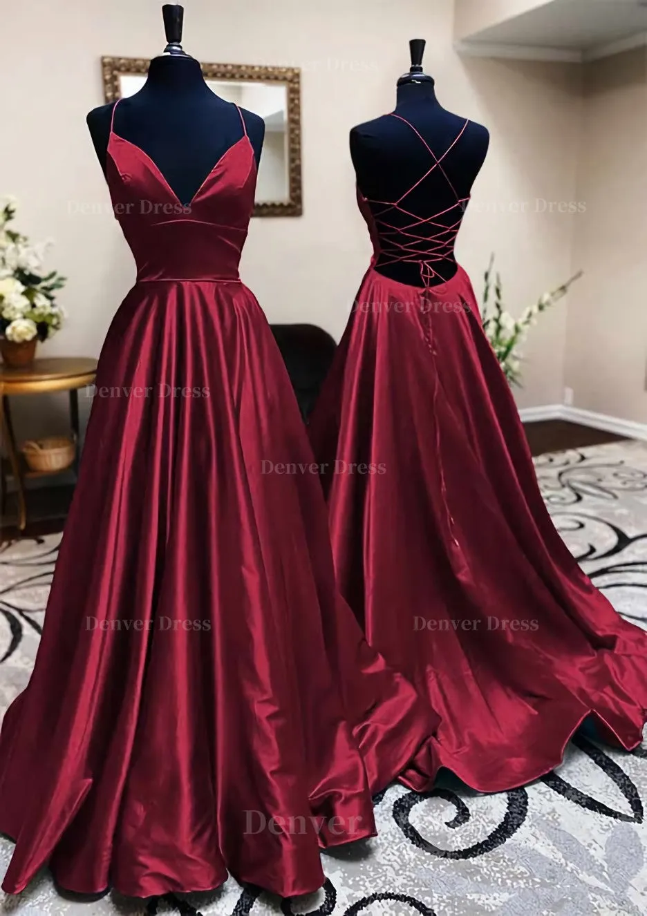 A-line V Neck Spaghetti Straps Long/Floor-Length Charmeuse Prom Dress With Pleated