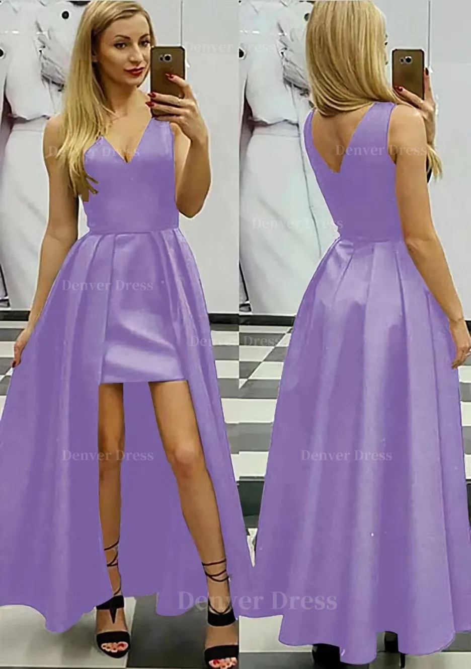 A-line/Princess V Neck Sleeveless Asymmetrical Satin Prom Dress With Pleated