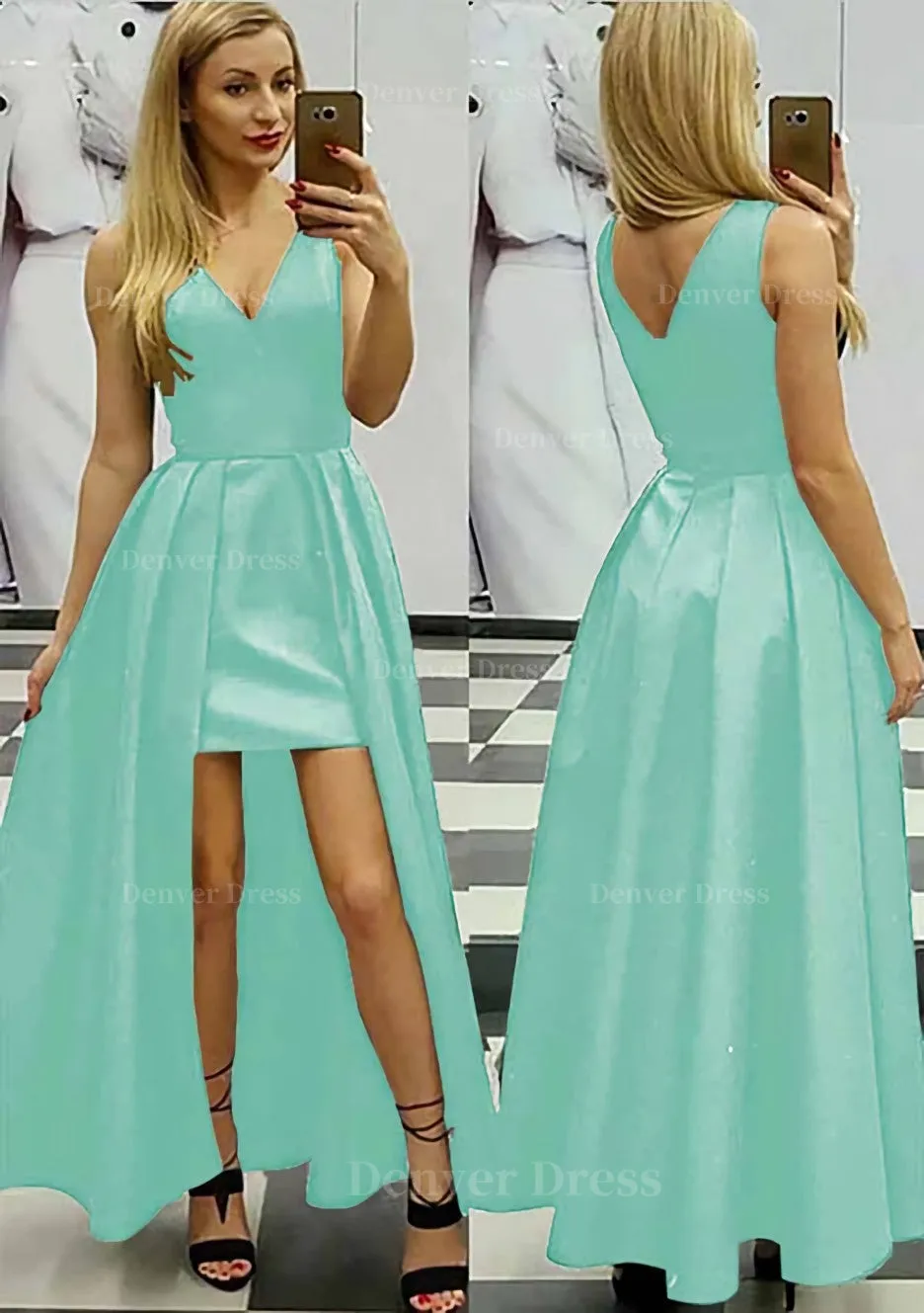 A-line/Princess V Neck Sleeveless Asymmetrical Satin Prom Dress With Pleated