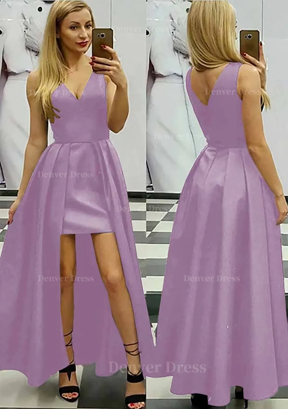 A-line/Princess V Neck Sleeveless Asymmetrical Satin Prom Dress With Pleated