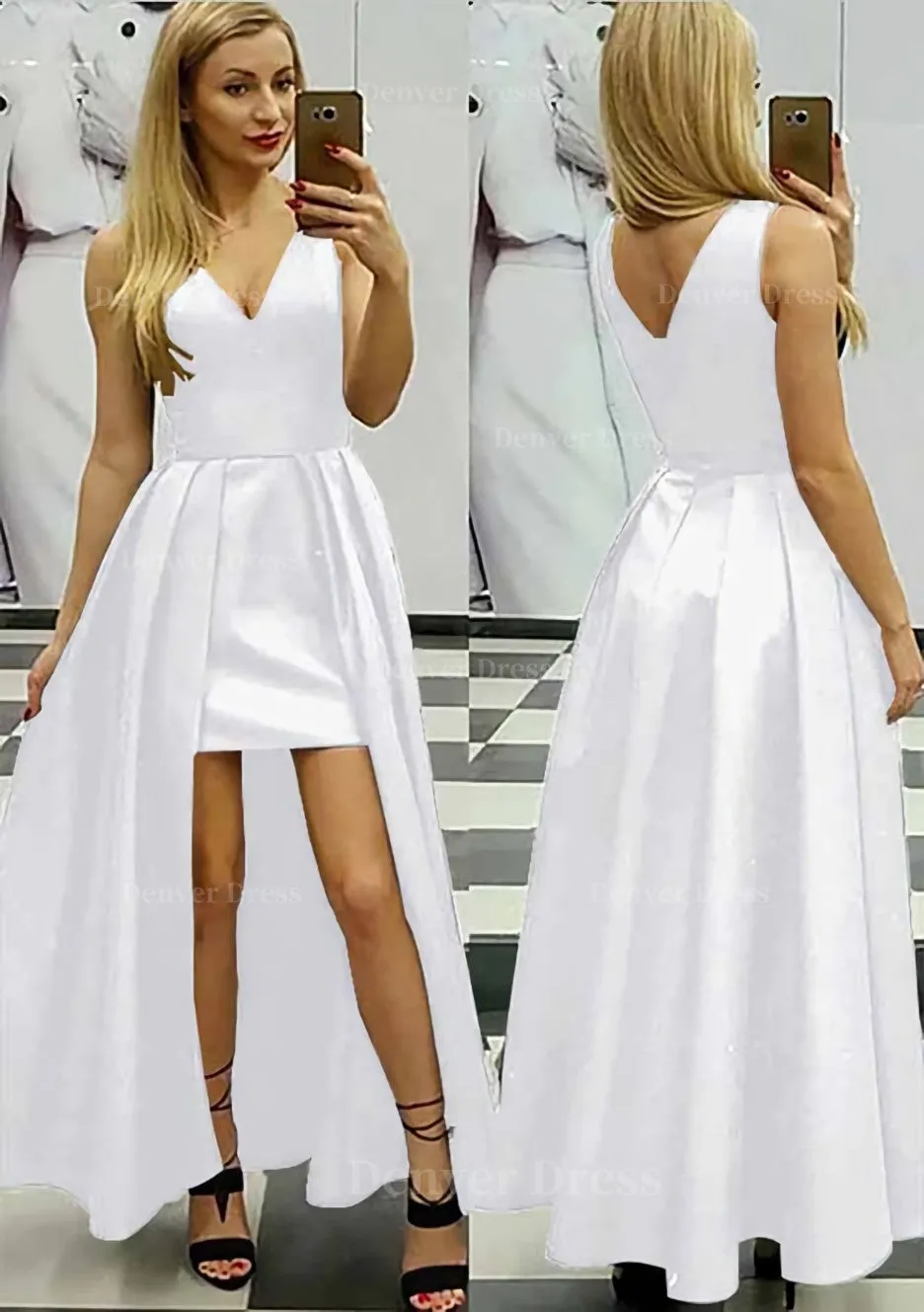 A-line/Princess V Neck Sleeveless Asymmetrical Satin Prom Dress With Pleated