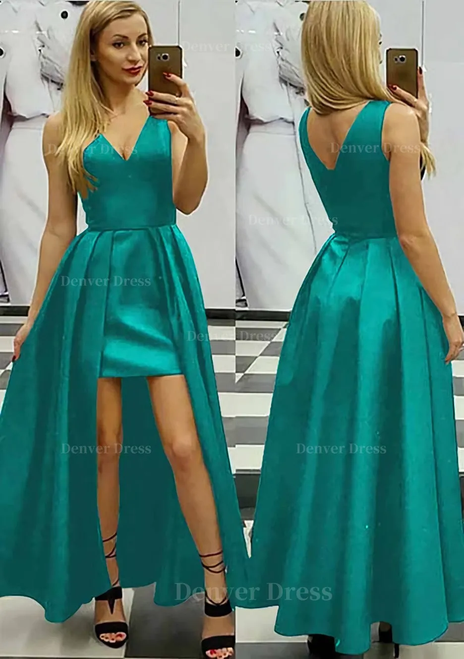 A-line/Princess V Neck Sleeveless Asymmetrical Satin Prom Dress With Pleated