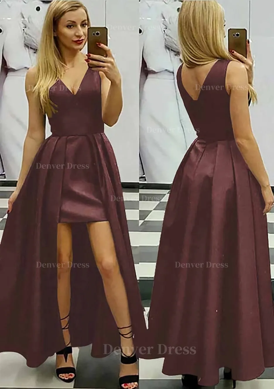 A-line/Princess V Neck Sleeveless Asymmetrical Satin Prom Dress With Pleated