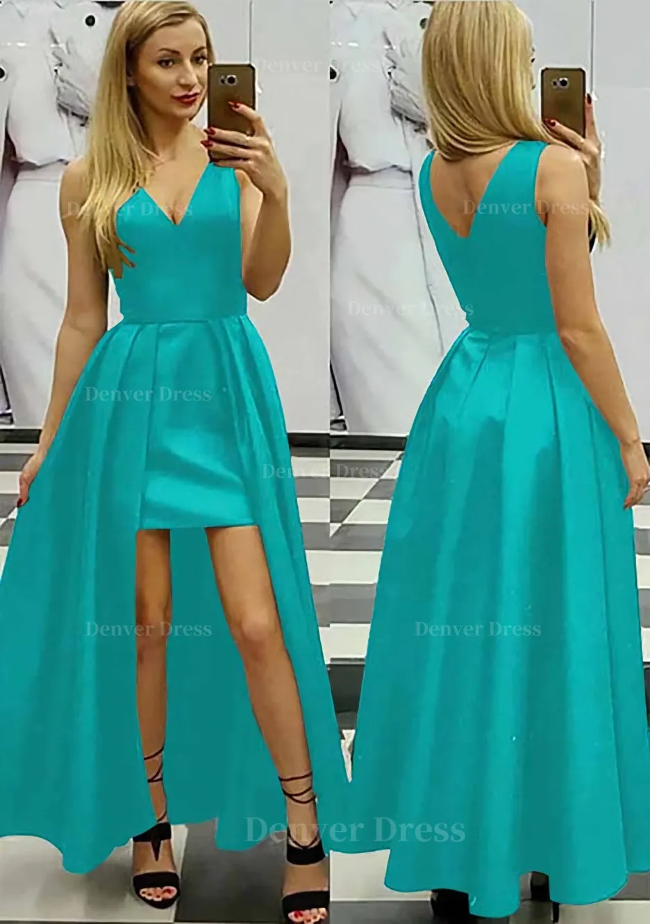 A-line/Princess V Neck Sleeveless Asymmetrical Satin Prom Dress With Pleated