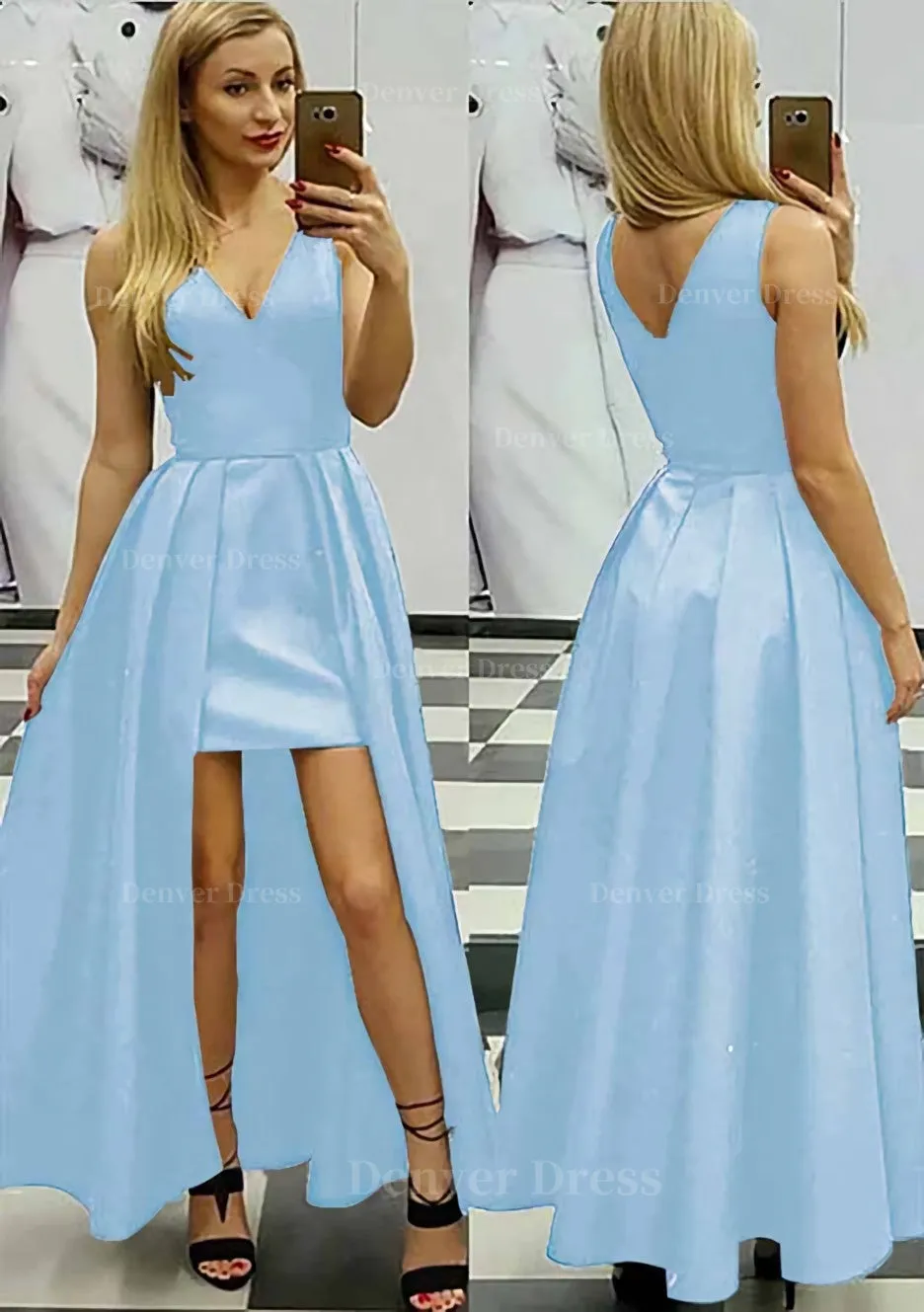 A-line/Princess V Neck Sleeveless Asymmetrical Satin Prom Dress With Pleated