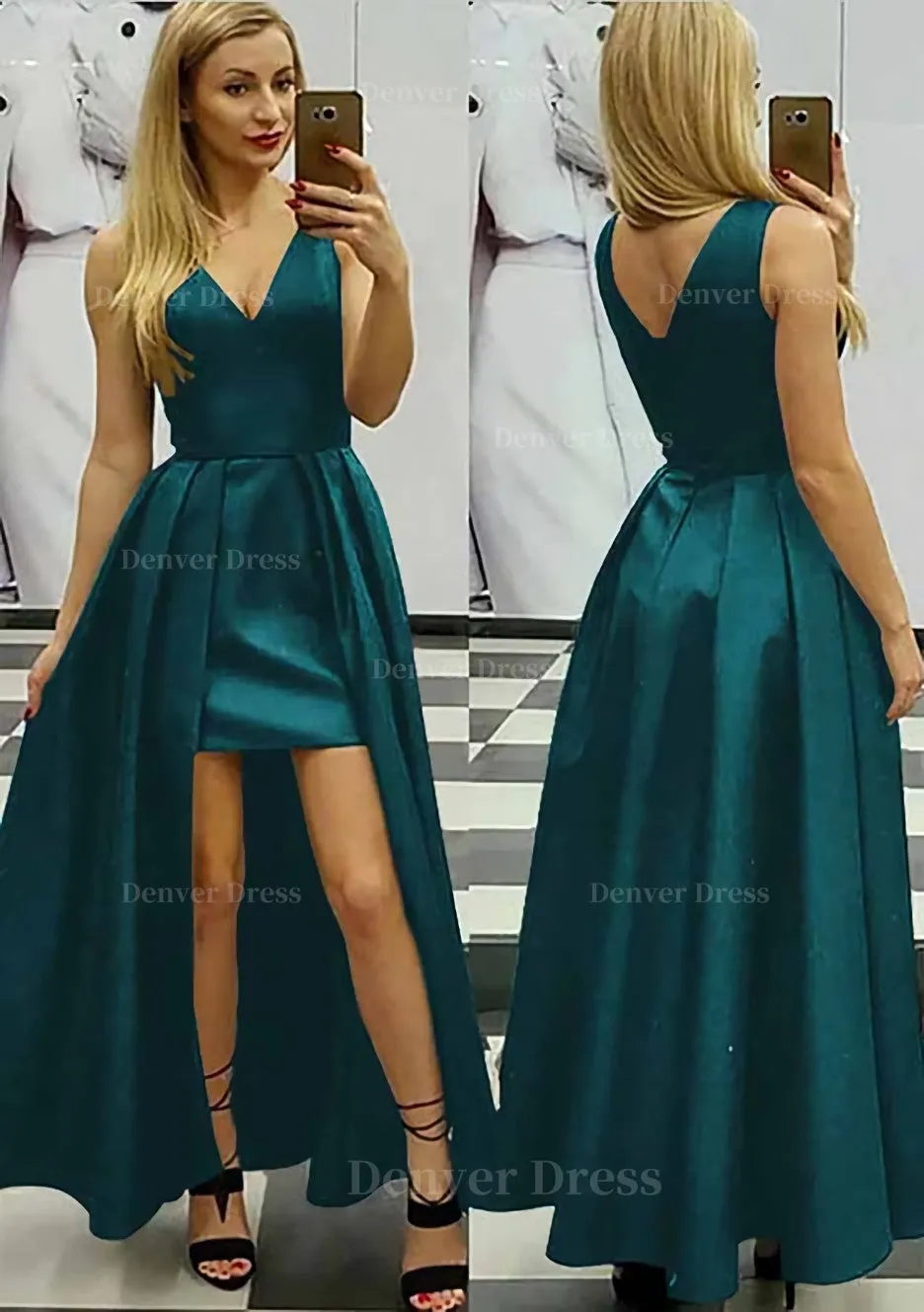 A-line/Princess V Neck Sleeveless Asymmetrical Satin Prom Dress With Pleated