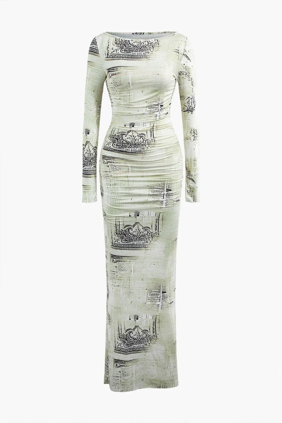 A&A Elegant Long Sleeve Print Slit Bodycon Maxi Dress