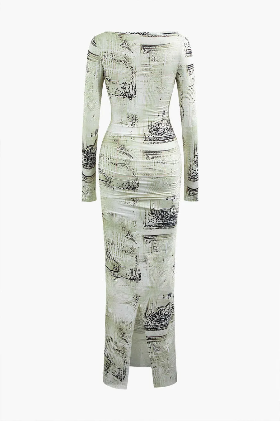 A&A Elegant Long Sleeve Print Slit Bodycon Maxi Dress