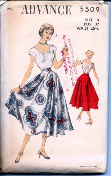 Advance 5509 Vintage 1940's Sewing Pattern Ladies Scoop Blouse Circle Swing Skirt