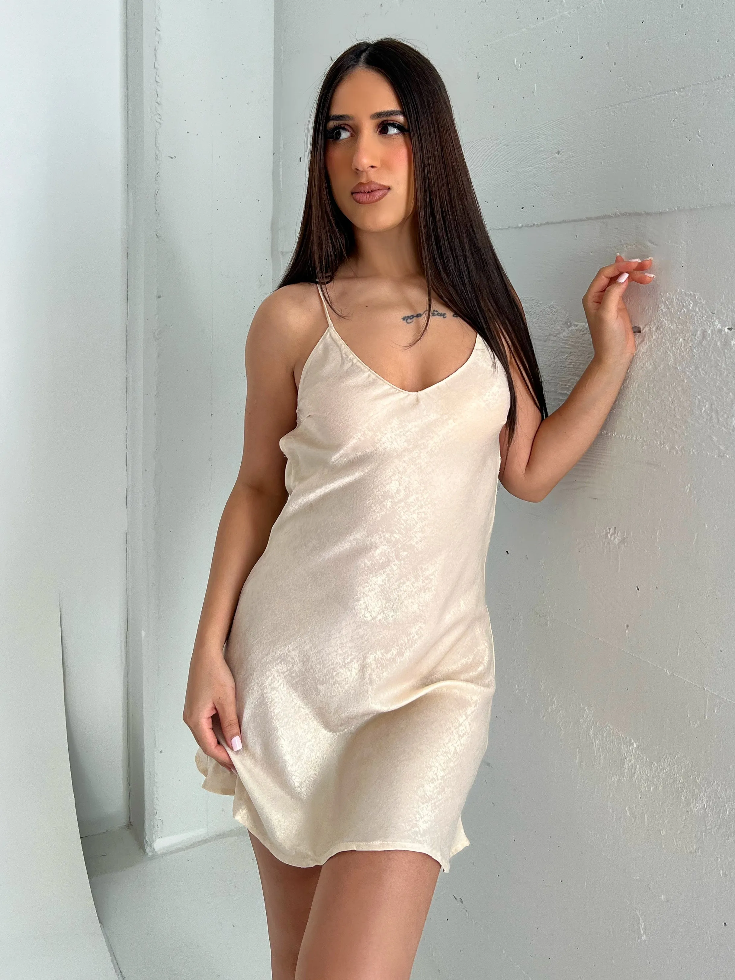 Alicia Satin Dress (Beige)