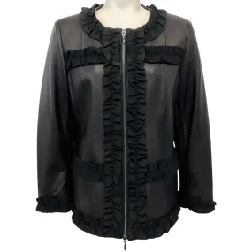 Anne Fontaine Black Leather Jacket with Ribbon Trim