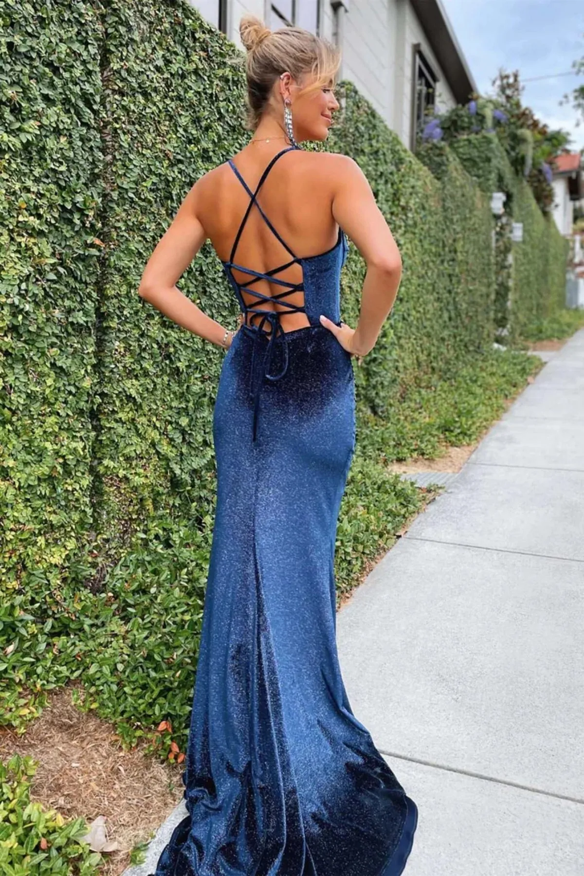 Backless Mermaid Navy Blue Velvet Long Prom Dress with High Slit, Mermaid Navy Blue Formal Dress, Navy Blue Evening Dress A1964