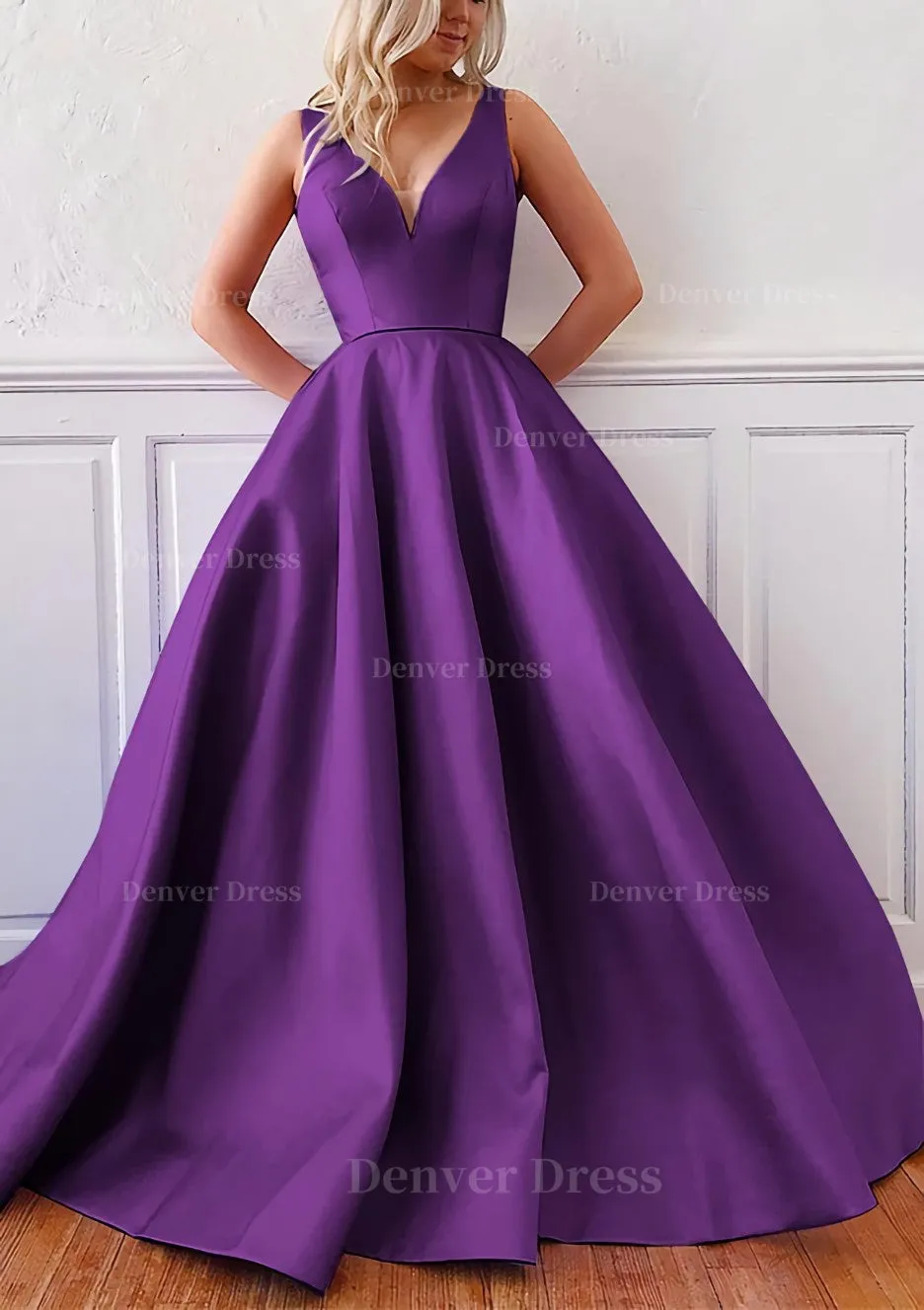 Ball Gown V Neck Sleeveless Satin Sweep Train Prom Dress