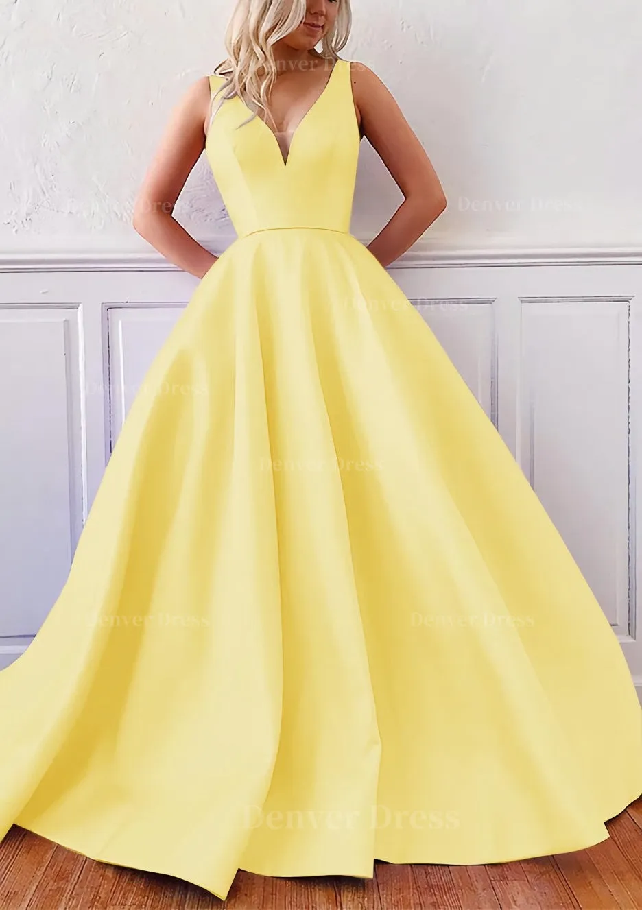 Ball Gown V Neck Sleeveless Satin Sweep Train Prom Dress