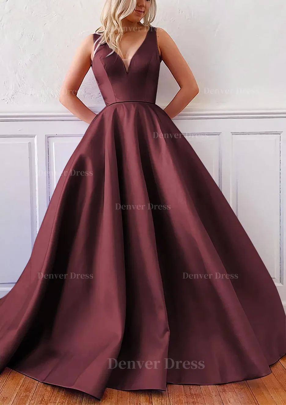 Ball Gown V Neck Sleeveless Satin Sweep Train Prom Dress