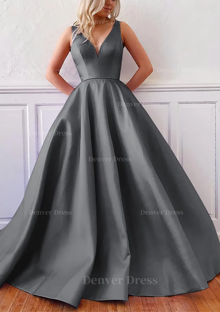 Ball Gown V Neck Sleeveless Satin Sweep Train Prom Dress