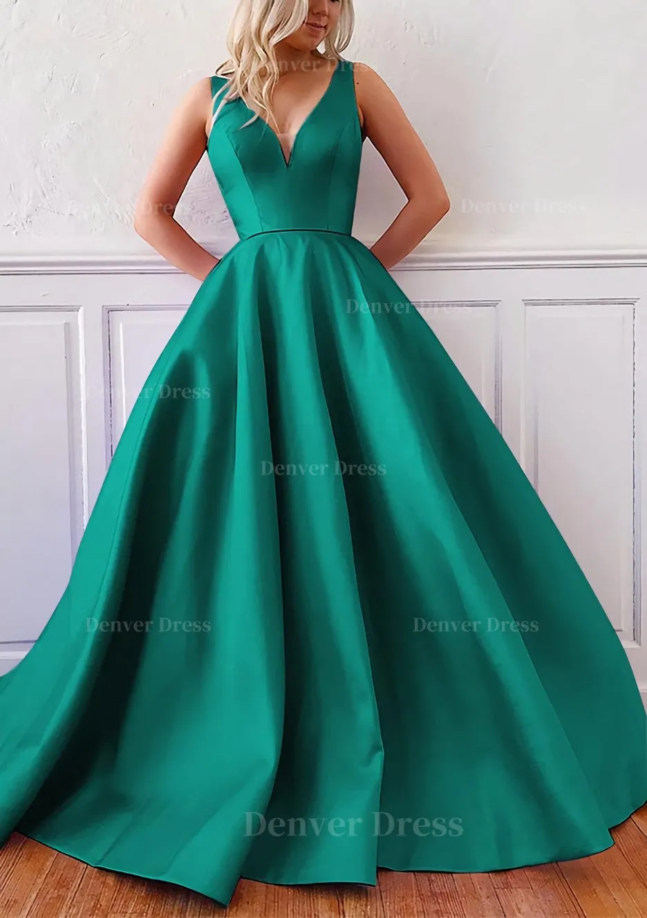 Ball Gown V Neck Sleeveless Satin Sweep Train Prom Dress