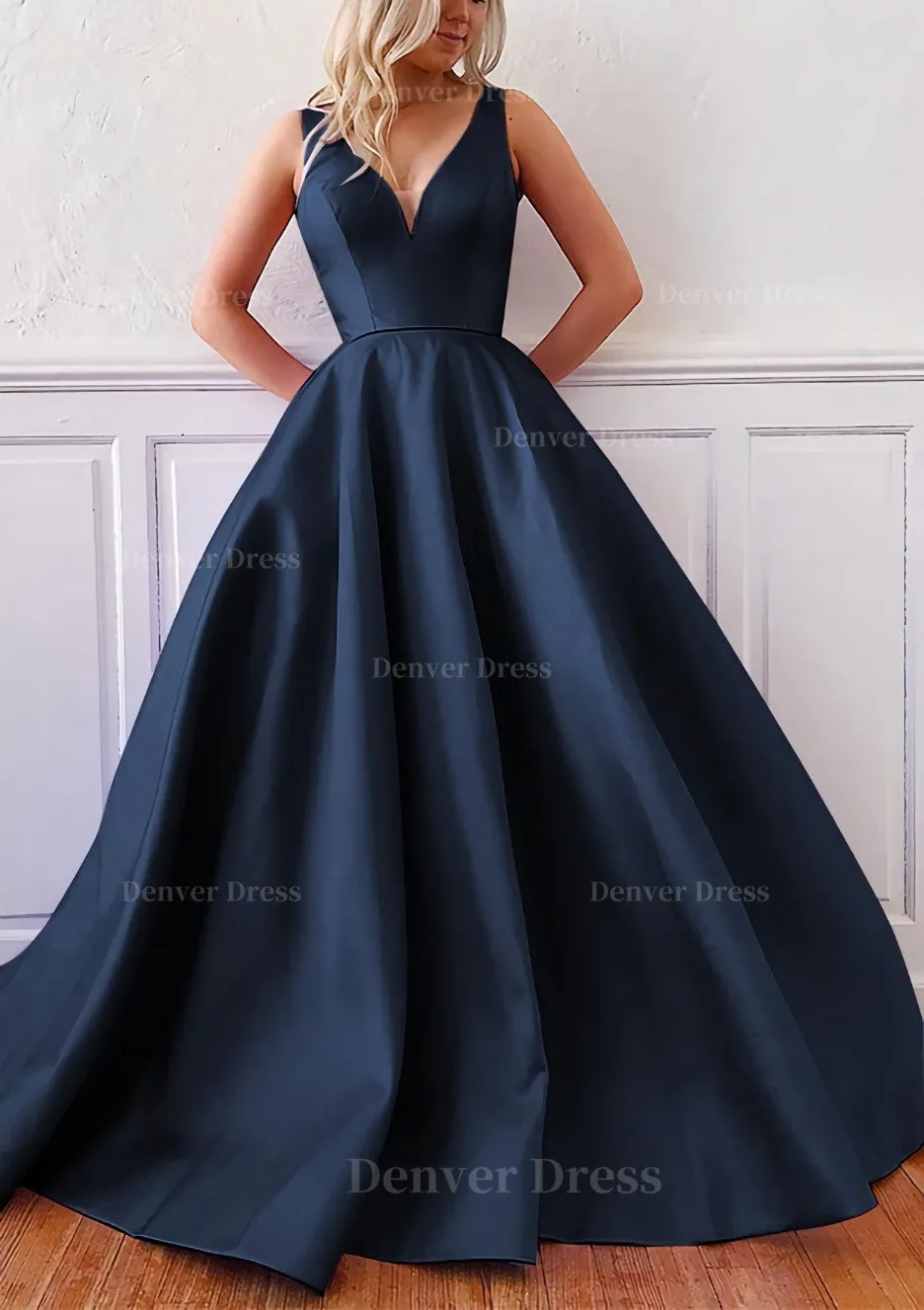 Ball Gown V Neck Sleeveless Satin Sweep Train Prom Dress