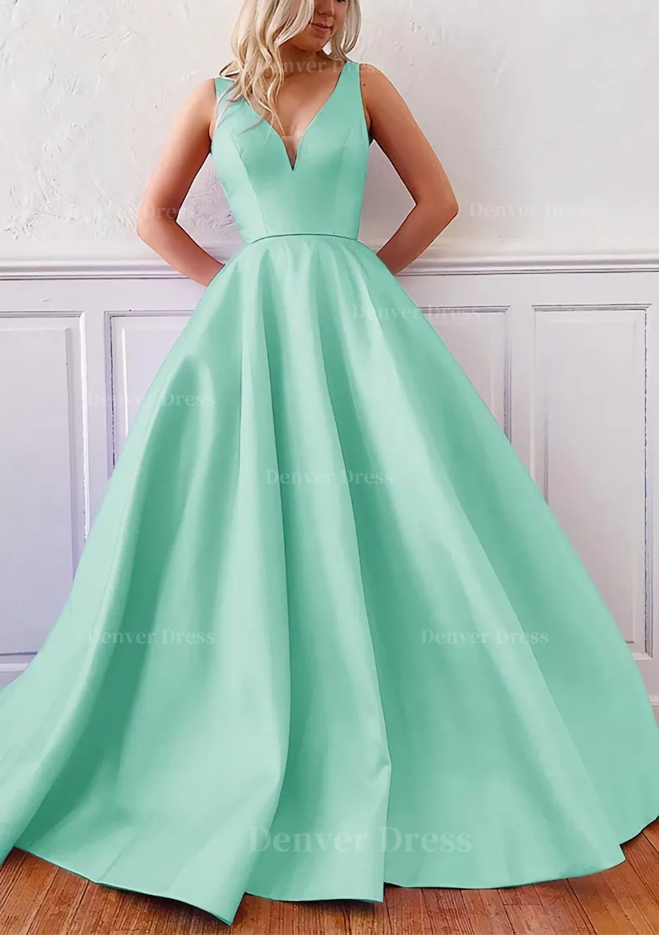 Ball Gown V Neck Sleeveless Satin Sweep Train Prom Dress