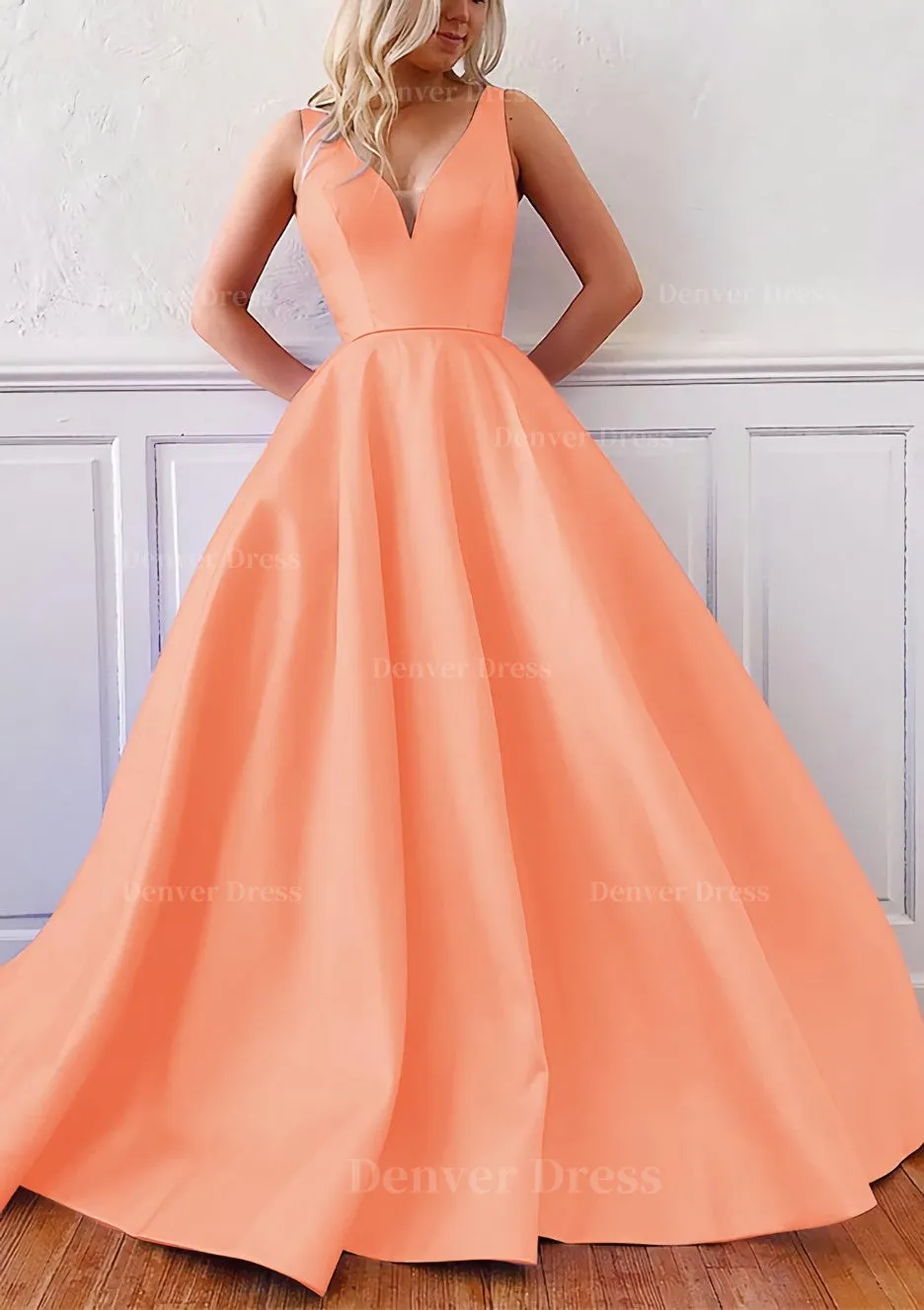 Ball Gown V Neck Sleeveless Satin Sweep Train Prom Dress