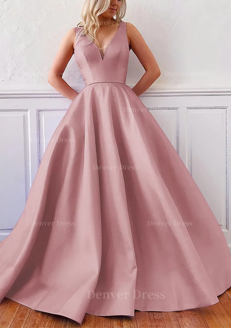 Ball Gown V Neck Sleeveless Satin Sweep Train Prom Dress