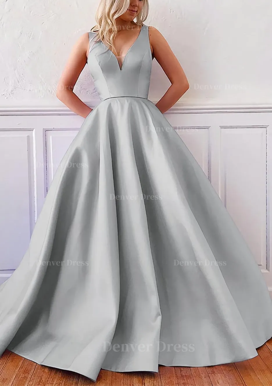 Ball Gown V Neck Sleeveless Satin Sweep Train Prom Dress