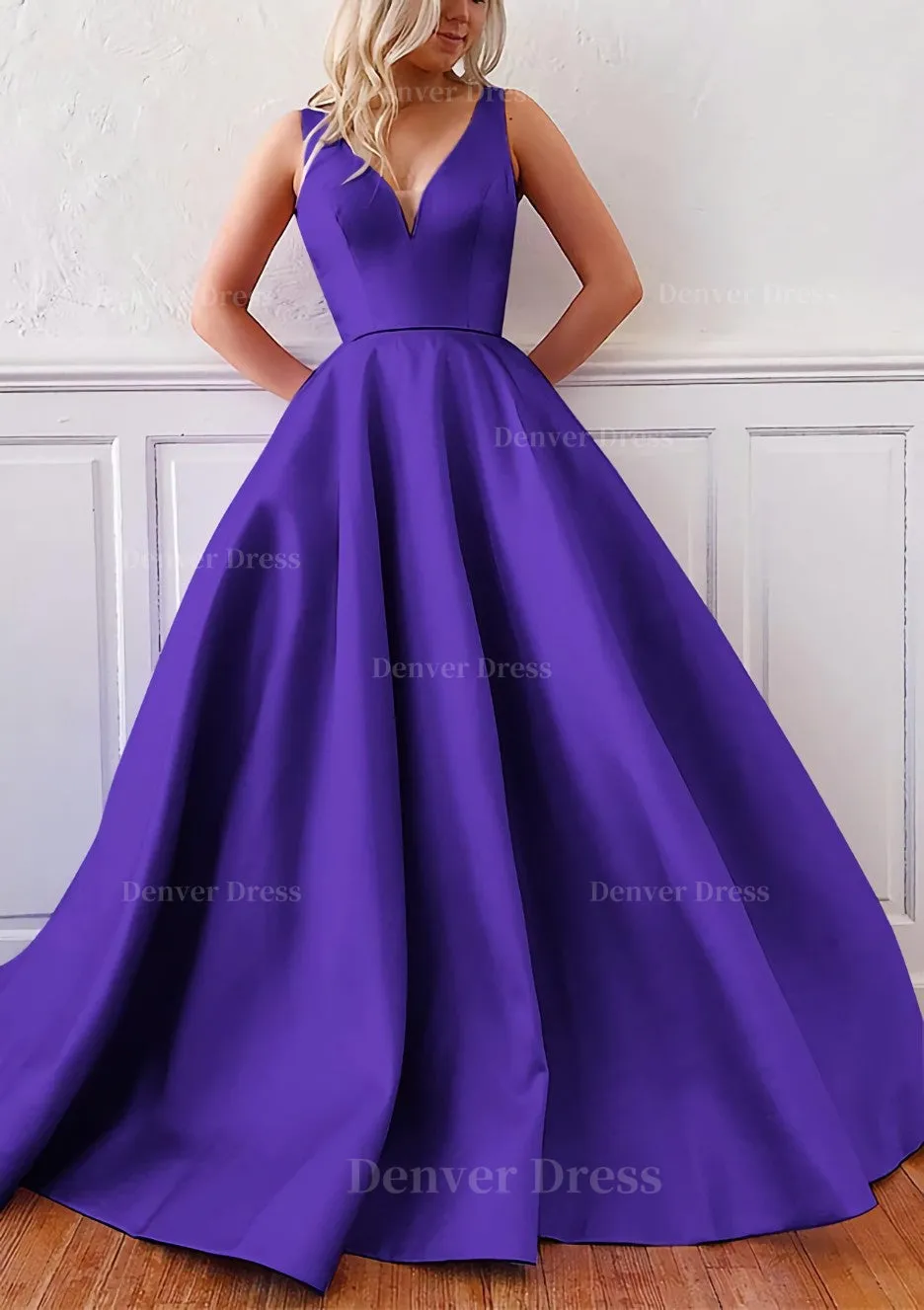 Ball Gown V Neck Sleeveless Satin Sweep Train Prom Dress