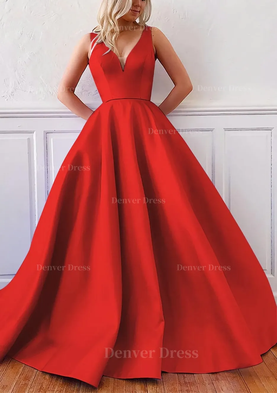 Ball Gown V Neck Sleeveless Satin Sweep Train Prom Dress