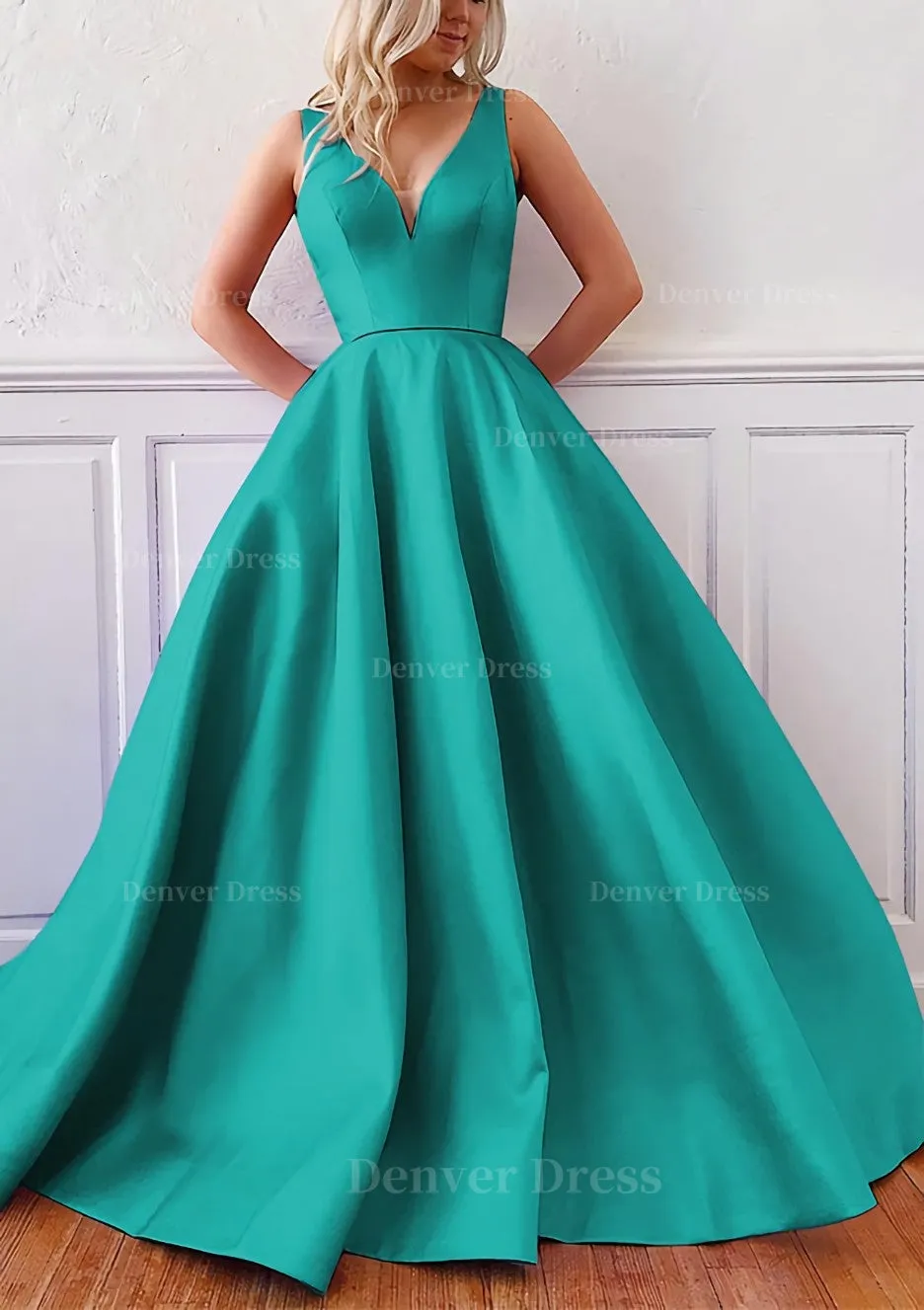 Ball Gown V Neck Sleeveless Satin Sweep Train Prom Dress