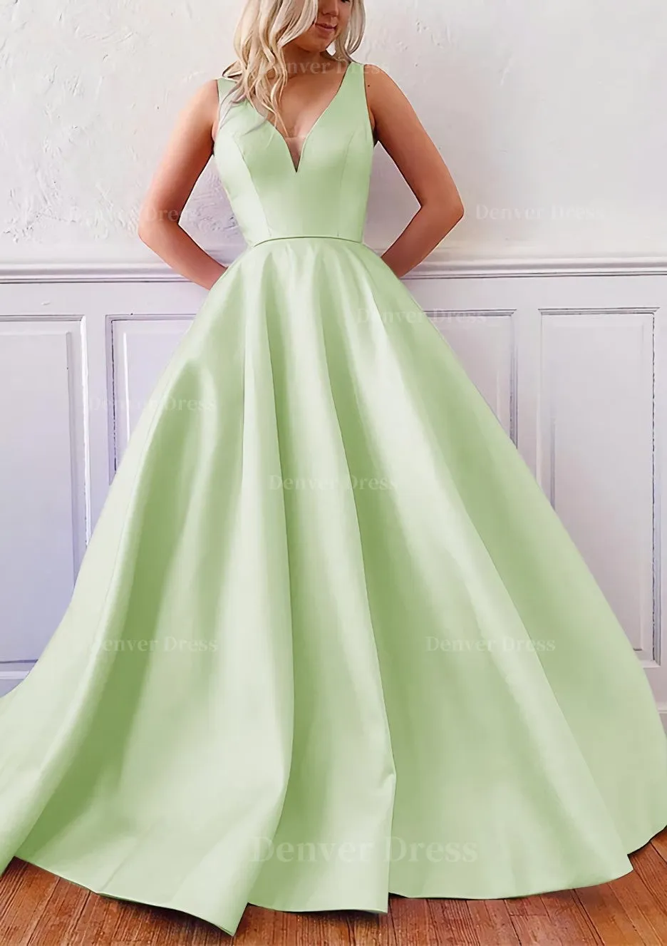 Ball Gown V Neck Sleeveless Satin Sweep Train Prom Dress