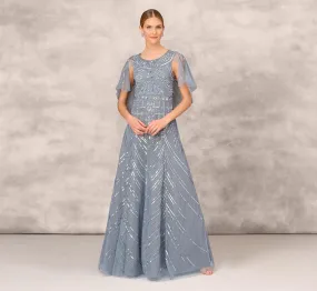 Beaded Ball Gown With Cape Sleeves In Vintage Blue