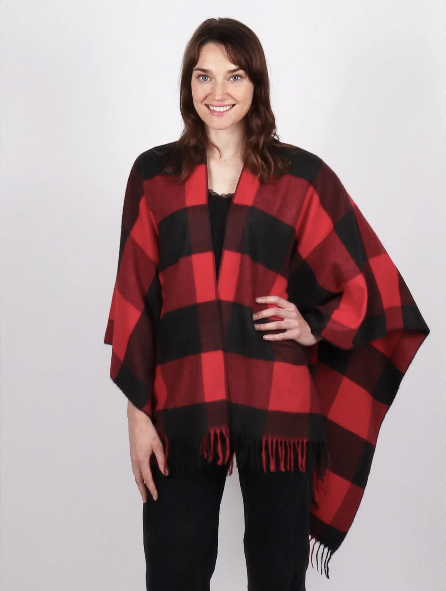 Black and Red Plaid Patterned Cape W/ Fringe.