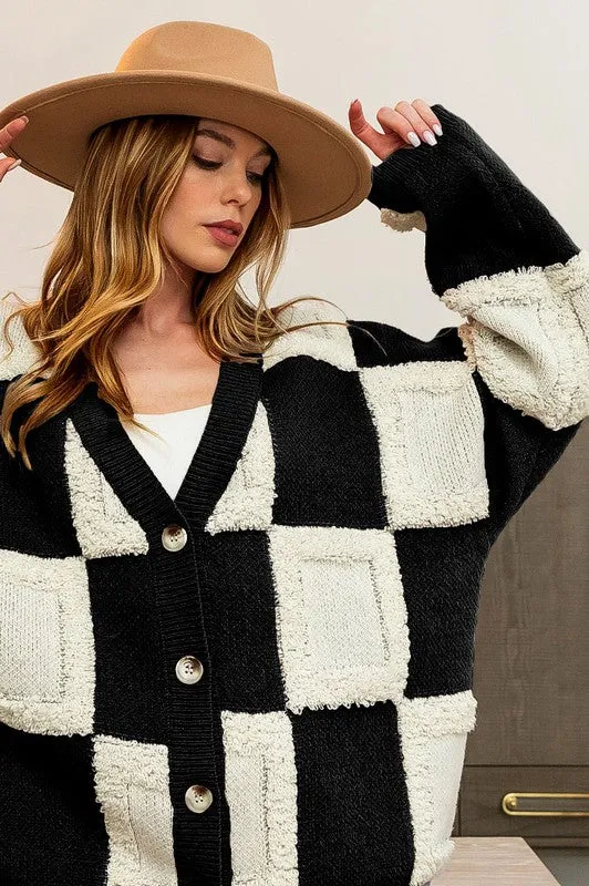 Black Checkered V-Neck Cardigan