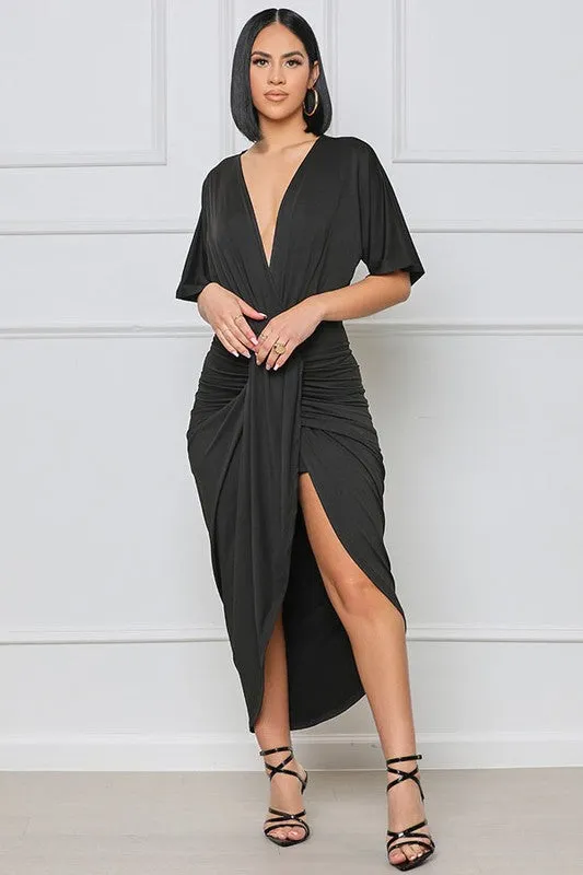 Black Deep V Neck Front Slit Long Maxi Dress Women's Clothing Causal and Formalwear