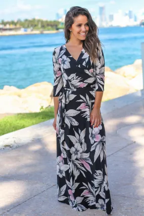 Black Floral Wrap Maxi Dress with 3/4 Sleeves