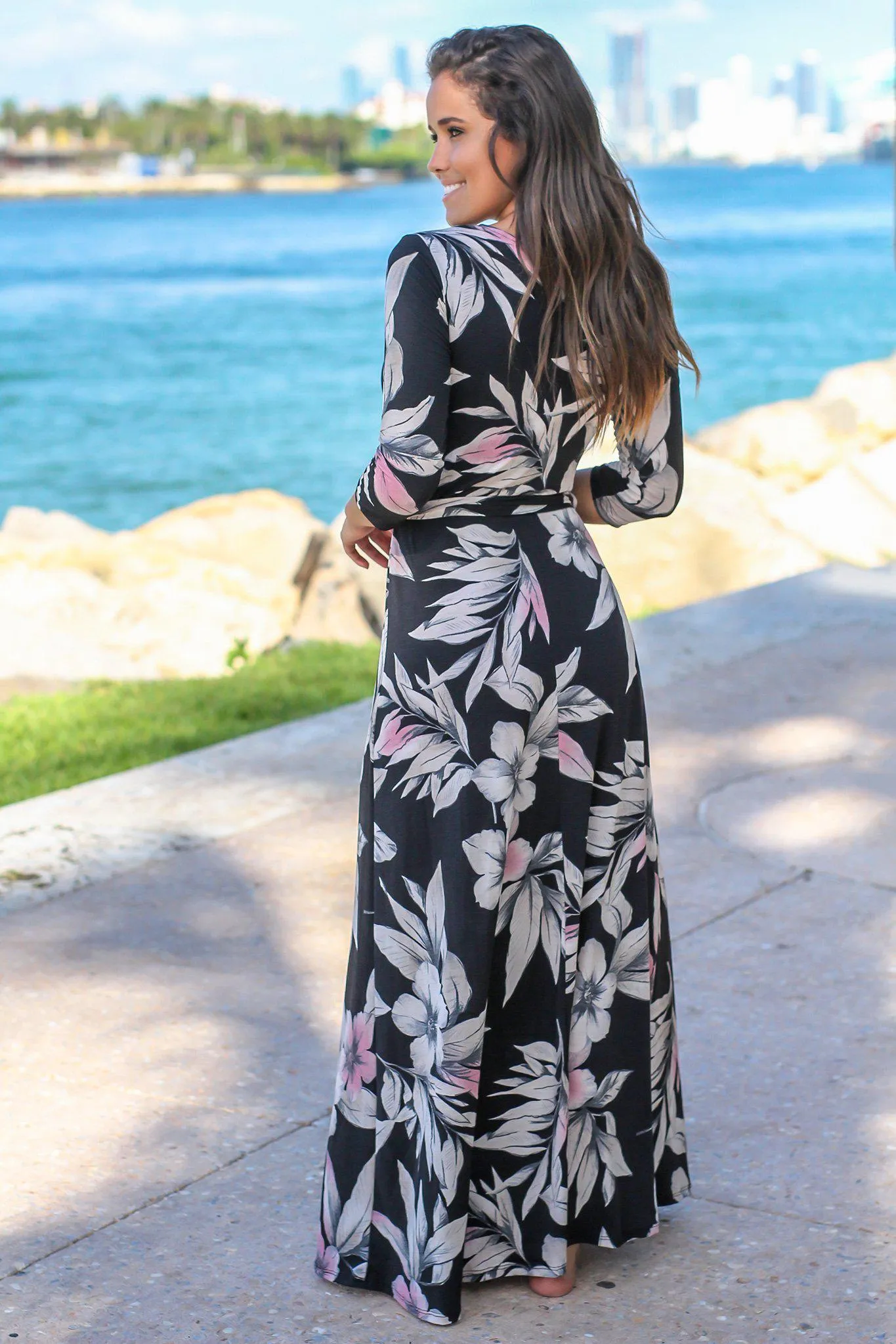 Black Floral Wrap Maxi Dress with 3/4 Sleeves