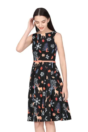 Black Night Forest Boat Neck A Line Cotton Dress with Pockets