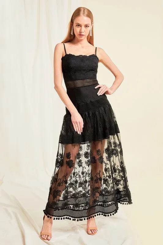 Black Spaghetti Strap Sleeveless Lace Long Slip