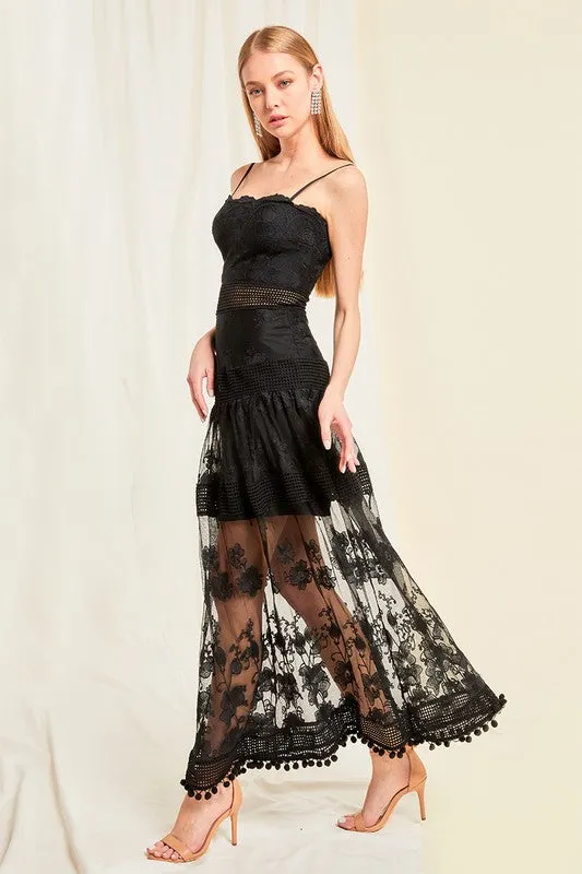 Black Spaghetti Strap Sleeveless Lace Long Slip