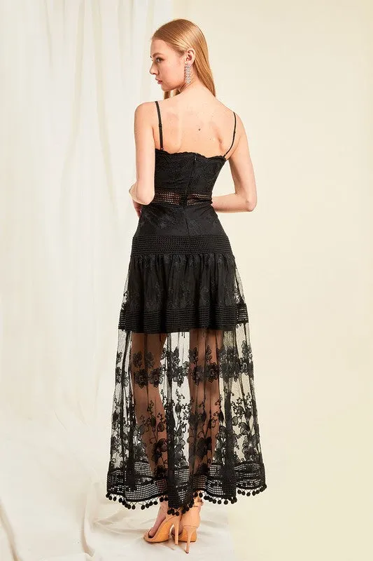 Black Spaghetti Strap Sleeveless Lace Long Slip